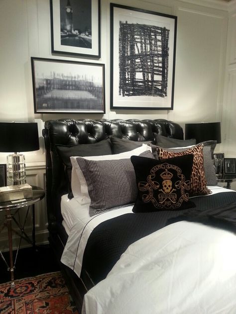 The epitome of masculine bedroom styling - Those black and white framed photography pictures complete the set perfectly - Ralph Lauren Bedroom Masculine, Ralph Lauren Bedroom Ideas, Ralph Lauren Bedroom, Masculine Room, Black And White Bedroom, Ralph Lauren Bedding, Masculine Bedroom, Bedroom Ideas Inspiration, Bedding Ideas