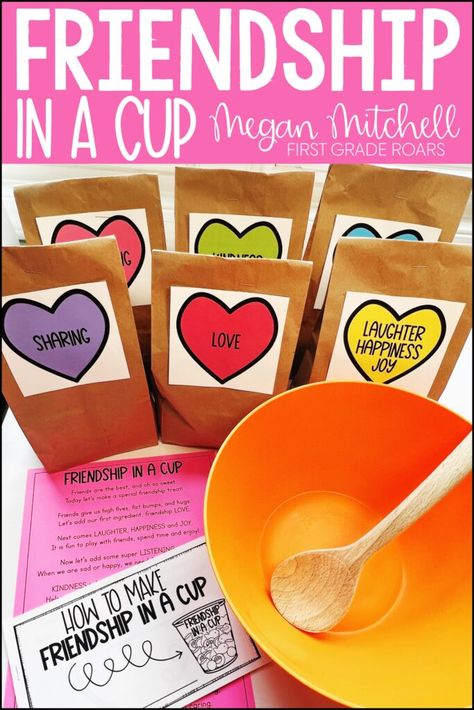 Friendship in a cup is the perfect back to school snack to make with your students. You can use the mini book provided and/or original poem to learn about the qualities of a good friend and to follow the directions to make this yummy snack. While you make it, you can read directions, work on teamwork and end up with something delicious. Your students can also predict, survey, graph, sequence and do a little math with their data. This would be great on the first day of school. Making Friends Preschool Crafts, Snacks To Make With Preschoolers, Kindness Party Classroom, Friendship Treats Preschool, Our Friendship Is Blooming Craft, Friendship And Kindness Activities Preschool, Being A Friend Preschool Activities, Friendship Theme For Preschool, Friendship Centers Kindergarten