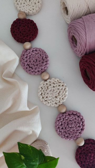 MACRAME SUPPLIES • PATTERNS • KITS shared a post on Instagram: "En/It A very cute garland idea. Perfect for the nursery decor 🐥 Materials used: ✨ 5mm single twist cotton cord in wine, lavender and natural cream. ✨ 2 meters of cord as your filler, 6 meters for the working cords. ✨ 30mm beads. Make it as long as your heart desires and the wall allows 😊 Find all the supplies on my website www.macramespaghetti.com. If you would like to order such a garland - drop me a message. Like and save Cute Garland, Macrame Garland, Single Twist, Macrame Supplies, Hand Crafts, Macrame Patterns Tutorials, Macrame Wall Art, Diy Garland, Natural Cream