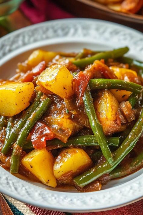 Smothered Green Beans with Potatoes Smothered Green Beans And Potatoes, String Beans And Potatoes, Green Beans With Potatoes, Grean Beans, Smothered Green Beans, Smoked Turkey Wings, Baked Green Beans, Canned Potatoes, Crock Pot Potatoes