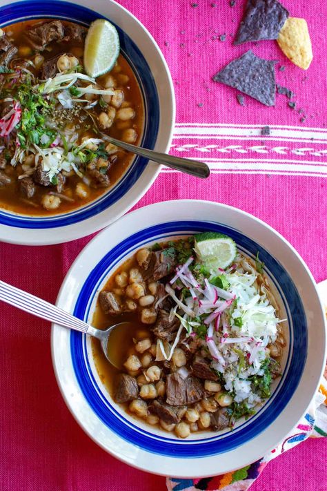 The Best Beef Pozole Rojo Recipe {Red Beef Pozole} - ¡HOLA! JALAPEÑO Beef Pozole Recipe, Beef Pozole, Pozole Rojo Recipe, Mexican Vegetable Soup, Canned Hominy, Pozole Recipe, Mexican Soup Recipes, Dump Recipes, Red Chile Sauce