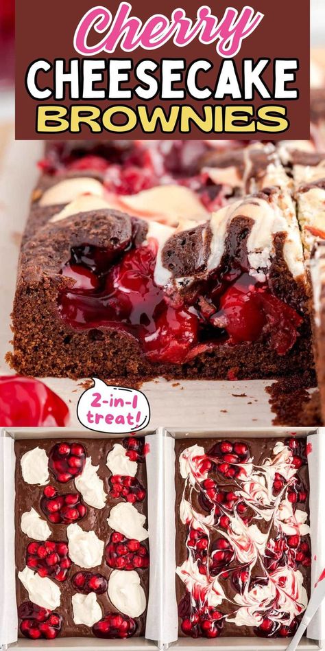 Cherry Cheesecake Brownies have a chewy, fudgy cake-like chocolate base with dollops of cheesecake and cherry pie filling swirled and baked on top of the batter. A delicious date night dessert when you can't decide between a bar or a slice but still want the cherry on top! Cherry Cheesecake Brownies Easy, Black Cherry Brownies, Cherry Brownies From Box Recipes, Date Night Dessert Recipes, Baking Shelf, Cherry Cheesecake Brownies, Cherry Muffin, Night Dessert, Brownie Treats