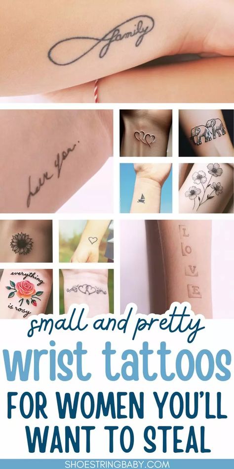 33 Pretty Wrist Tattoos for Women | shoestring baby Small Tattoos For Women Family, Tattoo With Hidden Initials, Mom Wrist Tattoo, Mom Wrist Tattoo Ideas, Small Wrist Tattoos With Meaning, Wrist Tattoos With Meaning, Cool Wrist Tattoos For Women, Wrist Name Tattoos For Women, Side Of Wrist Tattoos For Women