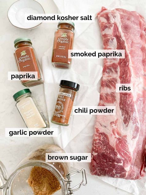 These dry rub oven ribs are so easy! Made with baby back ribs and a simple dry rub, they have super minimal clean up and are fall-off-the-bone tender just from baking in the oven! With a homemade BBQ sauce made from the drippings, you'll love this summer recipe! Great for BBQ's and gluten free/dairy free friendly. Crockpot Ribs Dry Rub, Oven Baked Ribs In Foil Dry Rubs, Baked Ribs Oven Dry Rubs, Baby Back Rib Rub Recipes, Easy Dry Rub For Ribs, Dry Rub Beef Ribs, Pork Rub Recipe Dry, Rub For Beef Ribs, Dry Rub Ribs In Oven