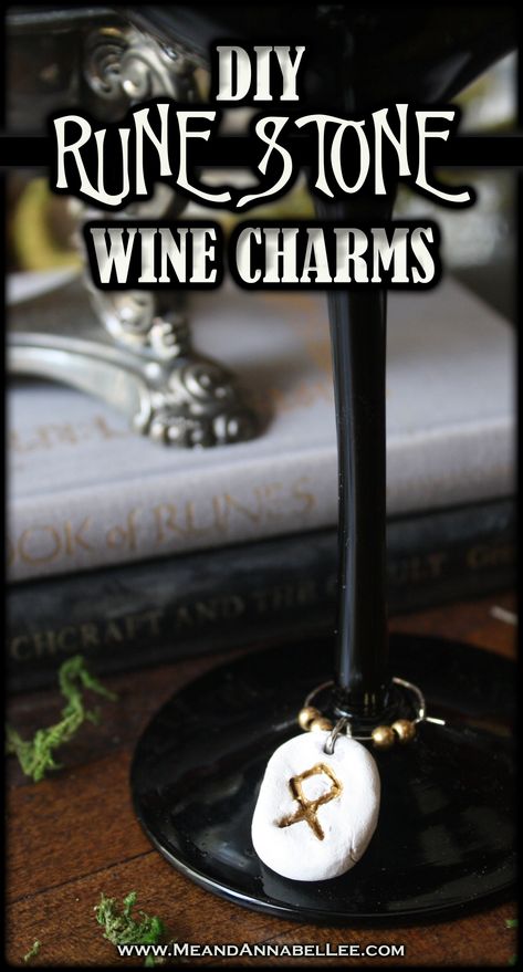 DIY Rune Stone Wine Charms | Witches Dinner Party | Me and Annabel Lee Witches Dinner Party, Clay Witchcraft, Divination Tools Witches, Witches Dinner, Ancient Alphabet, Gothic Diy, Goth Diy, Witches Tea, Witches Halloween Party