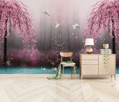 3D Pink Flowers Tree Wallpaper Beautiful Dreamy Pink Cherry | Etsy Wallpaper For Home Wall, Geometric Wallpaper Design, Cherry Blossom Wallpaper, Wallpaper For Home, Pink Sakura, Normal Wallpaper, Silk Wallpaper, Tropical Tree, Pink Trees