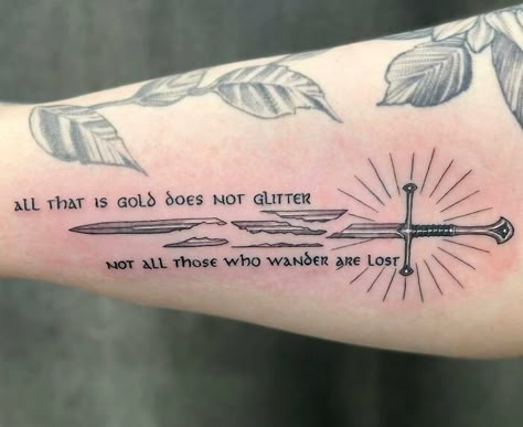 Lotr Tattoo Men, Lord Of The Rings Script Tattoo, Lord Of The Rings Inspired Tattoos, Glamdring Tattoo Lord Of The Rings, There And Back Again Tattoo, Lord Of The Rings Elf Tattoo, Game Of Thrones Tattoo Men, Lord Pf The Rings Tattoos, Gandalf Quote Tattoo