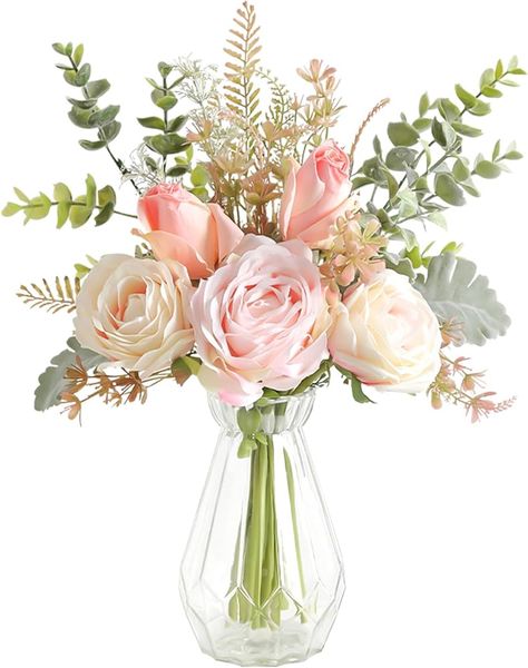 Amazon.com: GAATEEK Artificial Flowers with Vase,Silk Roses and Fake Plant Eucalyptus in Vase,Faux Flower Arrangement with Vase Suitable for Home Office Decoration, Living Room and Dining Table Centerpiece : Home & Kitchen Light Pink Floral Arrangements, Eucalyptus Centerpiece Wedding, Baby In Bloom Centerpieces, Eucalyptus In Vase, Faux Flowers Decor, Simple Floral Centerpieces, Fake Flowers Bouquet, Living Room And Dining Table, Plant Eucalyptus