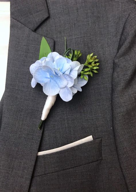 Blue Hydrangea Boutonniere, Wedding Coursage, Hydrangea Boutonniere, Blue Corsage, White Rose Boutonniere, Blue Boutonniere, Blue Hydrangea Wedding, Baby Blue Weddings, Hydrangea Bouquet Wedding