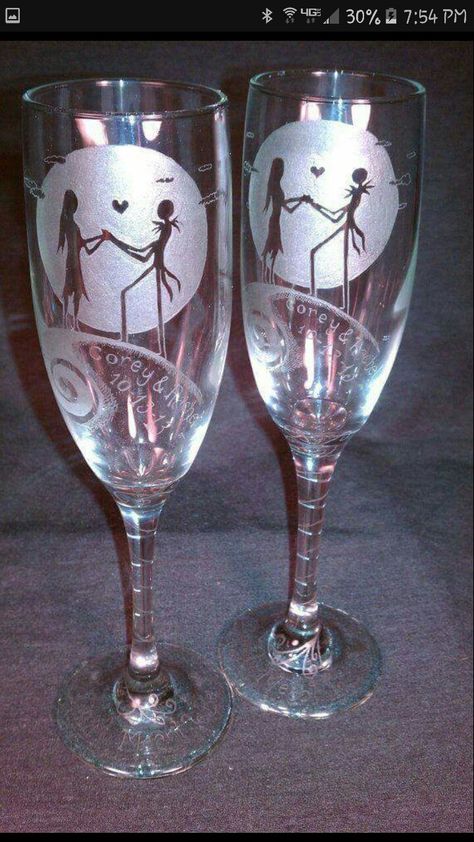 wedding party Nbc Wedding, Engraved Champagne Flutes, Halloween Weddings, Nightmare Before Christmas Wedding, Simply Meant To Be, Halloween Themed Wedding, Wedding Halloween, Wedding Champagne, Glass Engraving