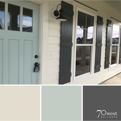 exterior paint colors- SW Oyster White, Peppercorn, and Copen Blue House And Front Door Colors, Updating 2000 House Exterior, Sw Peppercorn, Copen Blue, White Shutters, Siding Trim, Home Designs Exterior, House Paint Color Combination, Blue Shutters