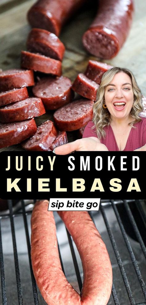 Traeger Smoked Kielbasa Recipe photos with text overlay and Jenna Passaro food blogger from Sip Bite Go Kielbasa Sausage Recipes, Smoked Kielbasa, Grilled Kielbasa, Polish Sausage Recipes, How To Cook Kielbasa, Pellet Smoker Recipes, Traeger Smoker, Traeger Grill Recipes, Smoked Sausage Recipes