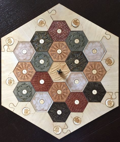 Custom Settlers of Catan game board, made using natural wood colors! Settlers Of Catan Board, Custom Catan Board, Catan Custom, Wood Board Games, Catan Game, Catan Board Game, Custom Board Games, Catan Board, Diy Yard Games