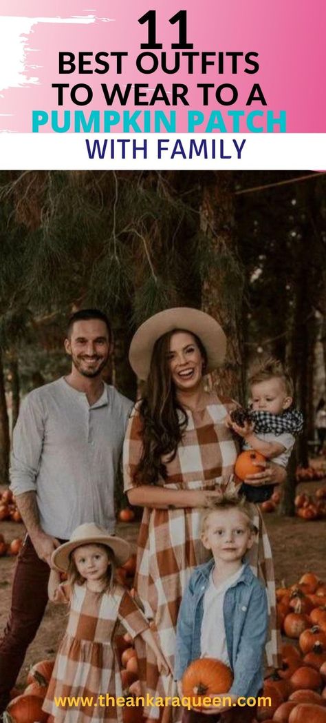 A young white family pose together on a pumpkin patch. The mom and daughter wear matching plaid dresses while the husband and 2 boys wear casual shirts and pants. Pumpkin Patch Photoshoot Outfits, Pumpkin Patch Outfit Plus Size, Fall Pumpkin Patch Outfit, Pumpkin Patch Outfit Ideas, Serious Outfit, Pumpkin Patch Photoshoot, Patch Outfit, 1920s Women, Pumpkin Patch Outfit