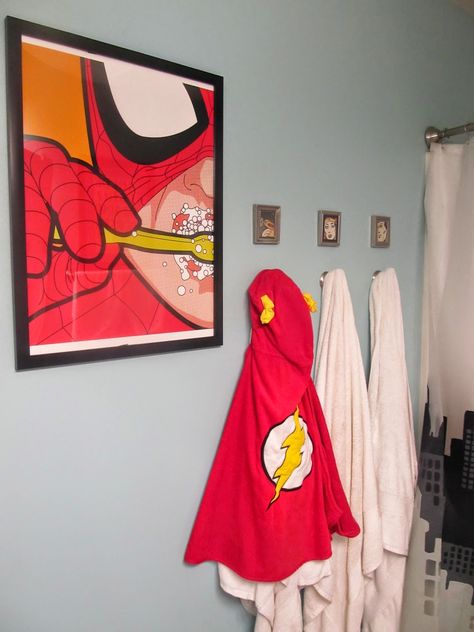 Super Hero Bathroom Ideas, Superhero Bathroom Ideas, Marvel Bathroom Ideas, Boy Bedroom Ideas Teenagers, Avengers Bathroom, Spiderman Bathroom, Boy Bedding Sets, Marvel Bathroom