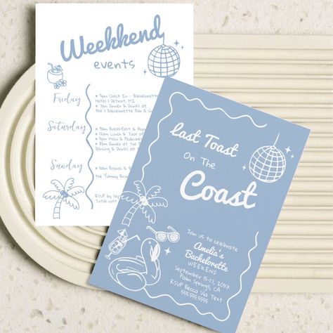 Last Toast On The Coast Bachelorette Party Invitation and Itinerary Template, Cute Blue Coastal Beach Bach Weekend Events and Invite Card. Last Coast On The Toast, Hampton Bachelorette, Palm Beach Bachelorette Theme, Swim Bachelorette Party, Maine Bachelorette Party, East Coast Bachelorette, Costal Bachelorette Decor, New England Bachelorette Party, Montauk Bachelorette Party