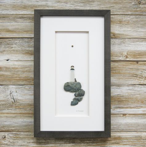 Lighthouse Pebble Art Ideas, Sea Glass Art Lighthouse, Lighthouse Sea Glass Art, Pebble Art Beach Scene, Sea Glass Art Projects, Seaglass Art, Beach Glass Crafts, Pebble Art Family, Lighthouse Art