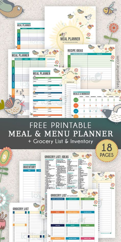 Free Printable Meal Planner - Chirpy Set - veganlovlie.com Meal Planning Binder Printables Free, Food Journal Printable Free, Mom Planner Printables Free, Meal Planning Binder, Menu Planning Printable, Study Planner Printable Free, Binder Printables Free, Project Planner Printable, A5 Planner Printables