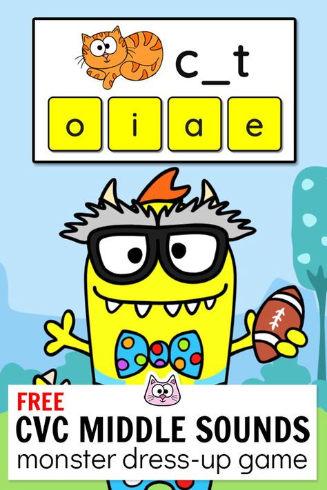 FREE GAME! Practice middle vowel sounds for CVC words using this engaging FREE Monster Dress-Up game! This fun game for kids works with any device including iPads, computers, interactive whiteboards and chromebooks in the classroom. An engaging addition to your kindergarten classroom literacy centers or use it whole group and easily keep everyone's attention. Runs from the Pink Cat Games educational website. #freegamesforkids #literacycenters #kindergarten #smartboard #vowelsounds Computer Games For Kids, Smart Board Games, Cat Games, Kindergarten Math Games, Educational Website, Free Games For Kids, Literacy Games, Kindergarten Games, Vowel Sounds