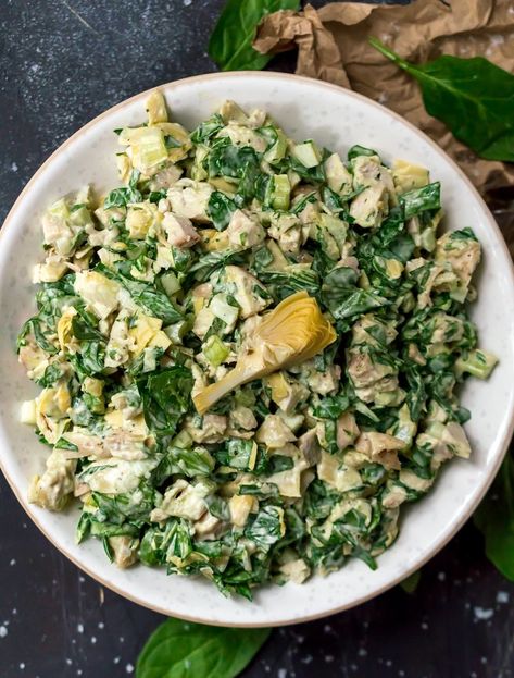 spinach artichoke chicken salad Chicken Salad Variations, Artichoke Chicken Salad, Basic Chicken Salad, Paleo Chicken Salad Recipe, Basic Chicken Salad Recipe, Salad Variations, Paleo Chicken Salad, Whole30 Chicken Salad, Strawberry Chicken Salad