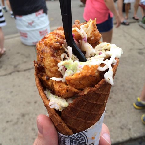 The 9 most insane creations at this year's state and county fairs Wisconsin State Fair, State Fair Food, Food Truck Menu, Fried Chicken And Waffles, Carnival Food, Waffle Cone, Wisconsin State, Waffle Cones, Funnel Cake