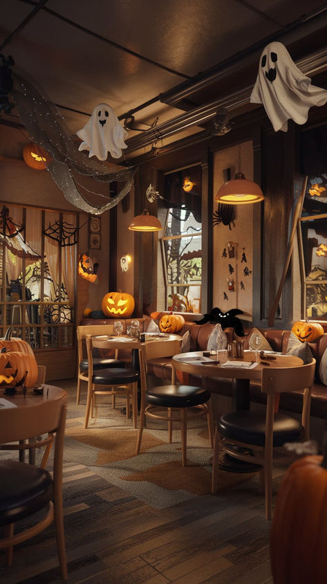 Transform your restaurant with a Halloween design backdrop. Add eerie charm to your dining experience this spooky season! Follow for more festive decor inspiration.