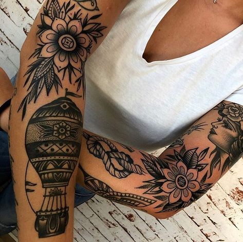 Traditional Tattoo Of A Woman, Traditional Style Tattoo Sleeve Women, Traditional Sleeve Women, Traditional Black Sleeve, American Traditional Tattoos Women Black, Traditional Tattoo Sleeves, Traditional Tattoos Arm, American Traditional Drawing, American Traditional Sleeve Woman