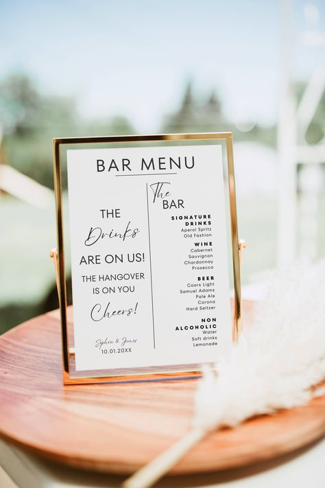 Open Bar Menu Sign Template is fully editable in Canva to easily change text, fonts, colors, pictures and more. Perfect for Wedding Bar sign, Bridal shower, baby shower, party drink sign, bar cart decor and more.  This is a digital product, nothing will be shipped. This download includes: 1.  Bar Menu Sign  2.  100+ Drink Images 3.  How To Guide PDF *Canva also includes 1000s of Graphics / Photos / Fonts to customize your template -HOW IT WORKS- 1. After purchase, Sign into Etsy on your computer Wedding Bar Options, Cute Bar Signs For Wedding, The Bar Menu Wedding, Wedding Bar Details, Open Bar At Wedding, Diy Bar Menu Sign, Bar Menu For Wedding, Drink Signs For Party, Bar Decorations Wedding