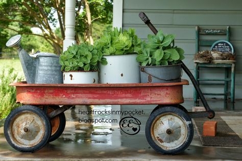 Galvanized Containers, Crate Projects, Radio Flyer Wagon, Wagon Planter, Radio Flyer Wagons, Enamel Ware, Radio Flyer, Red Wagon, Front Porch Decorating