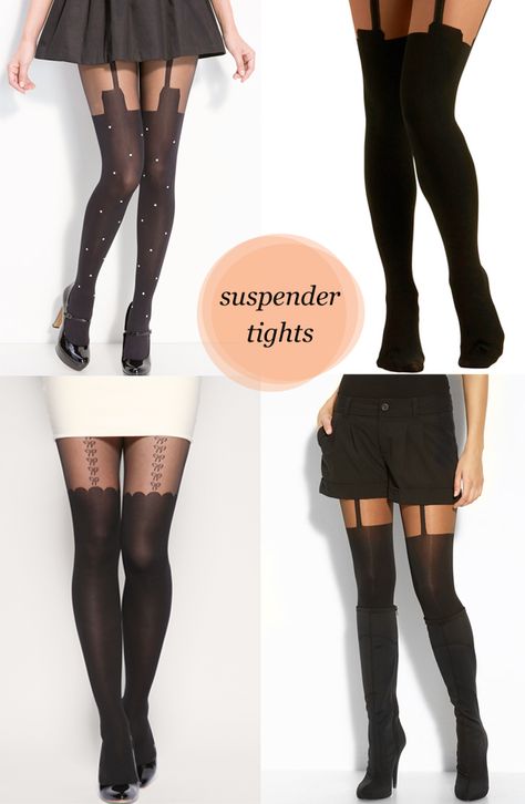 I like suspender tights...but I feel like I'd have to wear super short bottoms in order for them to show and I don't know if I like that... Petite Lingerie, Suspender Tights, Lingerie Satin, Stockings And Suspenders, Patterned Tights, Stocking Tights, Thigh High Socks, Fashion Tights, Thigh High Stockings