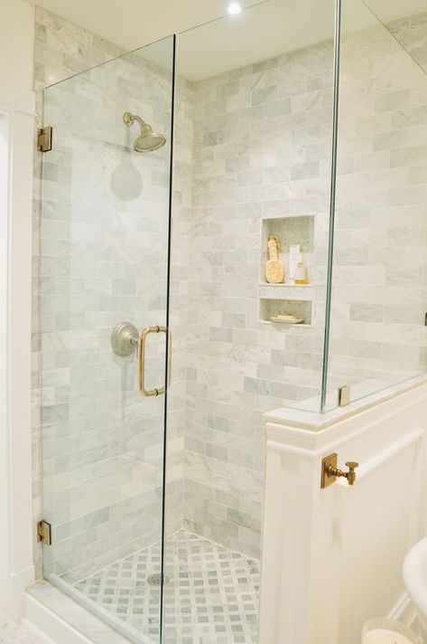 Portfolio — Toile and Tide Master Bath Glass Shower Ideas, Master Shower Half Glass Wall, L Shaped Primary Bathroom, Glass Shower With Knee Wall, Showers With Knee Walls, Water Closet In Master Bath, Marble Penny Tile Bathroom, Knee Wall Shower Ideas, Bathroom Knee Wall