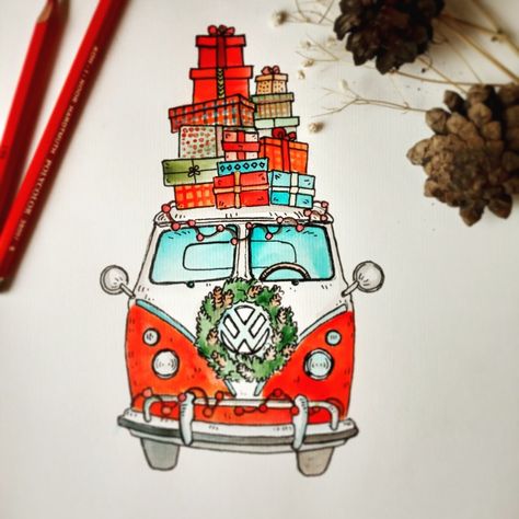 Volkswagen New Year illustration sketch watercolor Christmas art car vehicle gifts draw handmade Christmas Car Drawing, Christmas Car Illustration, Watercolor Christmas Art, Tiny Ornaments, Mini Christmas Tree Decorations, Copic Marker Art, Sketch Watercolor, Watercolour Card, New Year Illustration