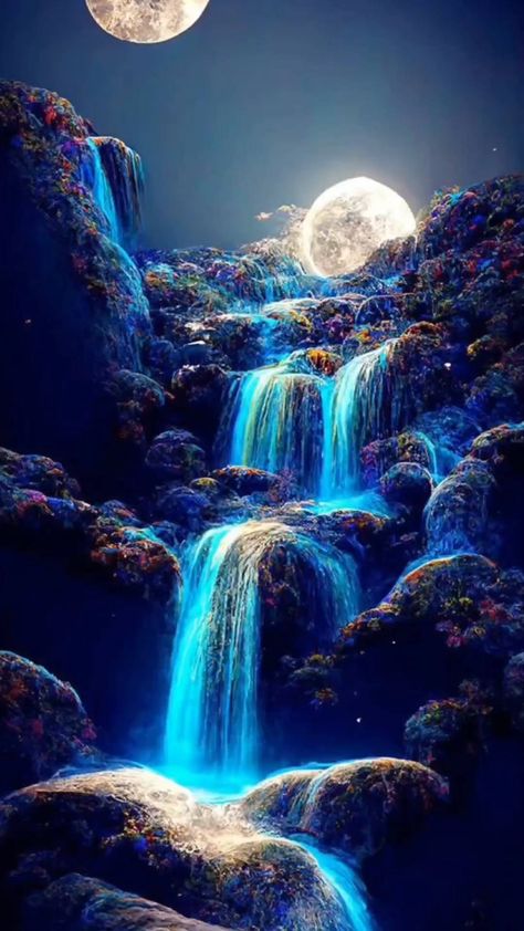 Magic Places Fantasy Dreams, Katt Grejer, Waterfall Wallpaper, Waterfall Paintings, Night Landscape, Small Canvas Art, Beautiful Locations Nature, Beautiful Landscape Wallpaper, Fantasy Art Landscapes