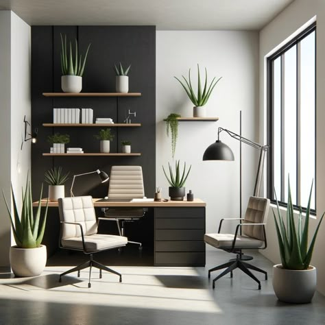 Moody Office Inspiration Modern, Space Color Scheme, Zen Office Space, Office Home Design, Grey Office Desk, Office Cabin Design, Home Office Set Up, Grey Interior Design, Gym Office