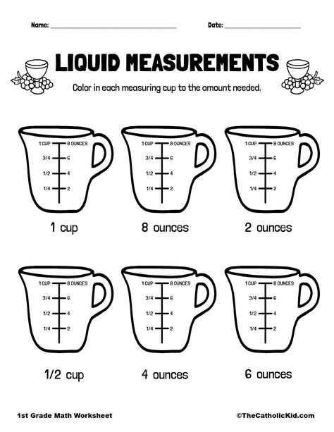 Catholic Themed Liquid Measurements Worksheet - TheCatholicKid.com Measurements Worksheet, Measuring Worksheets, Capacity Worksheets, Liquid Measurements, Worksheets For First Grade, Summer At Home, Measurement Worksheets, Worksheet Kindergarten, Cc Cycle 1