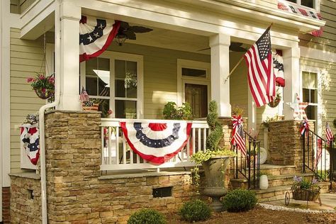 Fourth Of July Bunting, American Flag Bunting, Patriotic Porch, Patriotic Bunting, Veterans Discounts, Floating Decorations, Patriotic Bows, Bunting Flags, Home Warranty