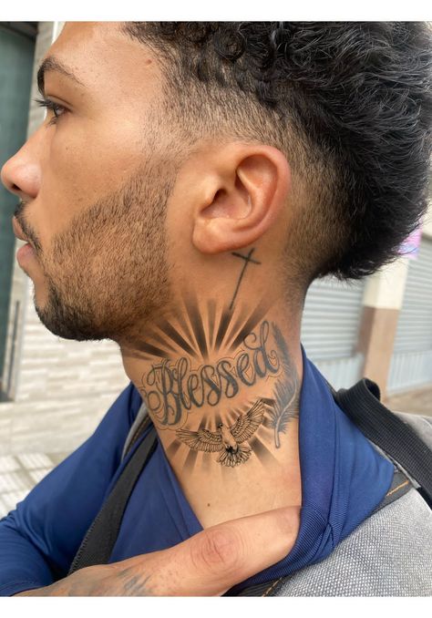 Neck Tattoo Name Ideas, Goat Neck Tattoo, Neck Front Tattoo, Neck Tattoo Men Ideas Unique, Front Of Neck Tattoo, Side Face Tattoo Men, Middle Neck Tattoo Men, Blessed Neck Tattoo, Small Neck Tattoos Men