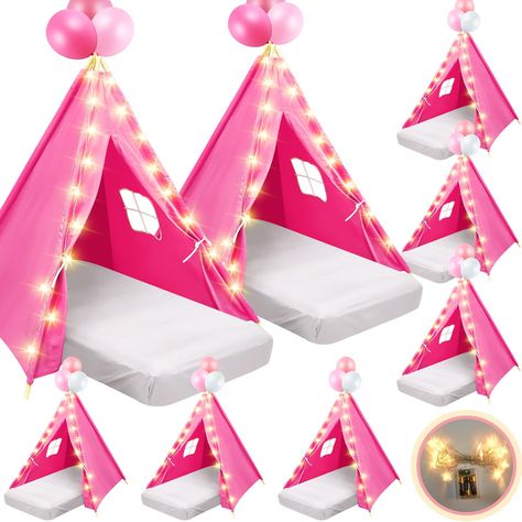 PRICES MAY VARY. 8 Pieces Kids' Teepee Tent: you will receive 8 white kids teepee tents, 8 strings of about 9.84 feet/ 3 meter star lights, 8 white air beds with a size of about 61.81 x 25.98 x 7.09 inches/ 157 x 66 x 18 cm, 8 pieces of white fitted sheets that fit perfectly on the air mattress; Together these will add fun to your child's sleepover party Simple Setup: each kids tent has 8 pine poles, you can assemble the pine poles through 4 connectors to form 4 long poles of about 1.6 meter/ 5. Toddler Play Tent, Toddler Teepee, Indoor Tent, Sleepover Birthday Party, Sleepover Tents, Indoor Tents, Sleepover Birthday, Kids Teepee, 50 Balloons