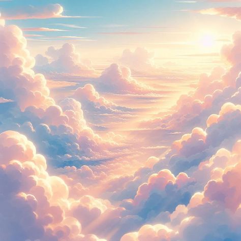 "Lost among the clouds, I found eternity."_ ☁️✨ 📸 Golden Horizon Above the Clouds . . . . In the quiet hours between day and night, when the sun dips below the horizon, the sky transforms into a canvas of warm hues. On this particular evening, the world held its breath as the clouds gathered, their edges aglow with the last remnants of daylight. The artist of the heavens brushed strokes of pink, orange, and blue across the expanse, creating a breathtaking panorama. Fluffy cumulus cloud... Cloud Concept Art, In The Clouds Aesthetic, Cloud Lettering, Fantasy Clouds, Heaven Aesthetic, Cloud World, Sky God, Cloud Aesthetic, Cumulus Clouds