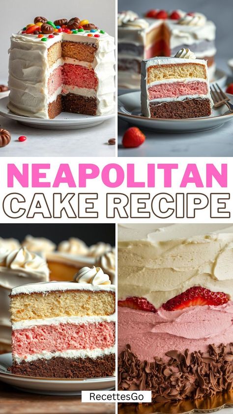 Neapolitan Cake Recipe Neopolitan Cake, Neapolitan Cake, Easy Homemade Desserts, Chocolate And Strawberry, Decadent Chocolate Cake, Strawberry Chocolate, Classic Cake, Vanilla Chocolate, Cake Board