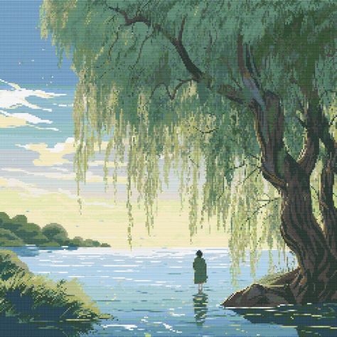 Weeping Willow Tree Scene 1 cross-stitch pattern digital download, printable PDF (colored and uncolored versions), 250 x 250, complete with list of needed cross-stitch floss/thread. Willow Trees Painting, Weeping Willow Tree Aesthetic, Weeping Willow Painting, Willow Tree Aesthetic, Willow Tree Drawing, Willow Tree Painting, Willow Tree Art, Cute Tree, Willow Trees