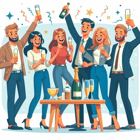 The image is a cartoon illustration of a group of people celebrating with drinks. There are five people in the image, all of whom are standing and holding glasses of champagne or beer. The people are clinking their glasses together in a toast. There is a bottle of champagne on the table in front of them. The people are all smiling and laughing, and they look like they are having a lot of fun. The background is a light blue color, and there are some stars and confetti floating around. People Celebrating Illustration, Party Scene Drawing, Happy People Photography, Monochromatic Illustration, People Celebrating, Smile Drawing, Scene Drawing, People Having Fun