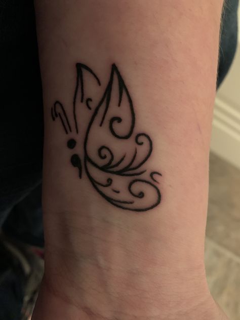 Fairy Semicolon Tattoo, Small Metal Health Tattoos, Surviver Tattoos For Women, Symbols For Mental Health, Semi-colon Tattoo Unique, Mental Health Tatoos, Mental Health Tatoos Design, Semi Colon Tattoo, Girly Hand Tattoos