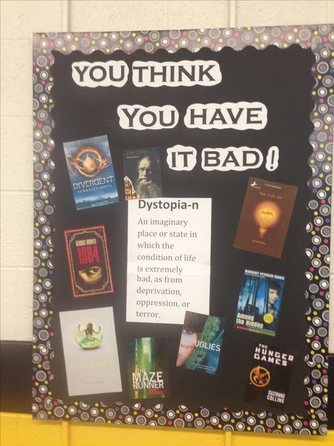 Dystopia bulletin board high school library ideas Library Bulletin Board Ideas, Teen Library Displays, School Library Bulletin Boards, High School Bulletin Boards, School Library Decor, School Library Displays, Library Bulletin Board, Teen Library, Middle School Libraries