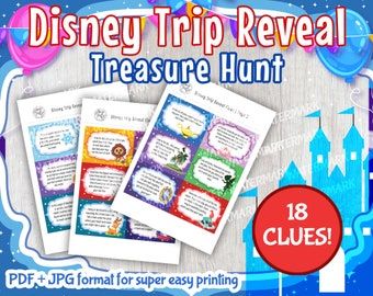 Trip Reveal Scavenger Hunt, Disney Trip Reveal, Disney Reveal, Disney Surprise, Treasure Hunt Clues, Scavenger Hunt Clues, Disney Treasures, Disney World Planning, Disneyland Trip