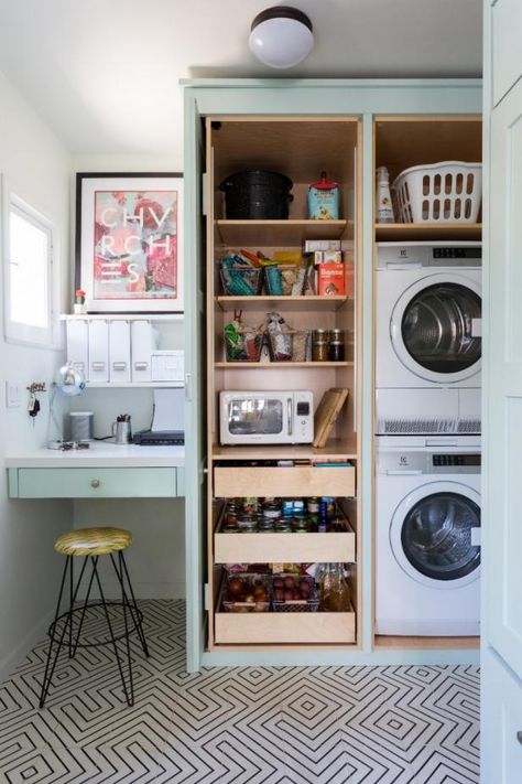 Pantry, Washer + Dryer Tucked Behind Custom Cabinets Kitchen With Washer And Dryer, Contemporary Laundry Room, Laundry Room Pantry, Laundry Pantry, Stacked Laundry Room, Laundry Room Ideas Small Space, Pantry Laundry Room, Tiny Laundry Rooms, Pantry Drawers