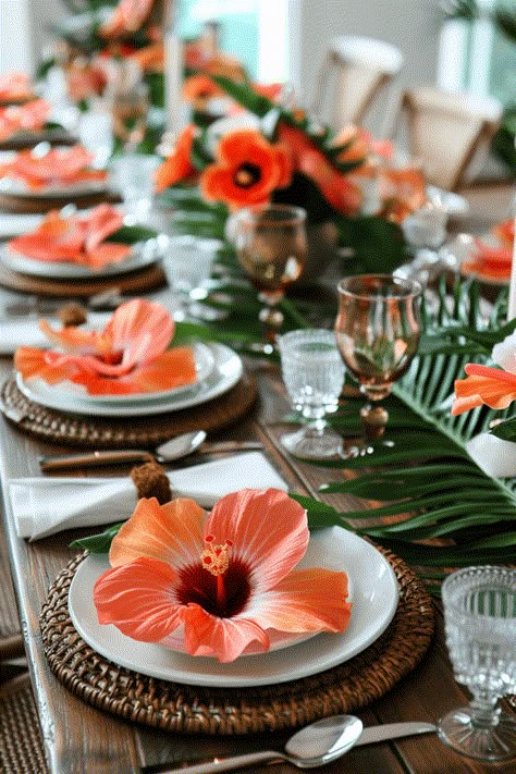 Tropical Dining Table, Nature Decorations Party, Tropical Christmas Table Decor, Tropical Table, Coconut Table Decor, Fancy Luau Party Ideas, Tropical Dinner Party, Tropical Christmas Decorations Table, African Table Settings Ideas