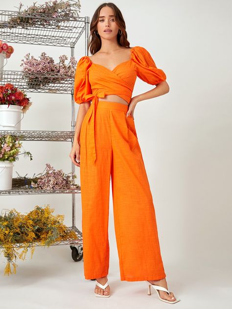 Orange Boho  Short Sleeve Cotton Plain  Embellished Non-Stretch Spring/Summer Women Co-ords Spring Jumpsuit, Spring Jumpsuits, Crop Top Pants Set, Puff Sleeve Crop Top, Top Pants Set, Plus Size Fashion For Women, Pants Pattern, Two Piece Outfit, Sleeve Cotton