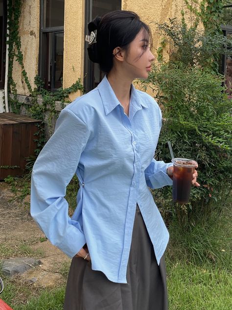 Upcycle Button Down Shirt, Baby Blue Shirt, Blue Button Up Shirt, Fashion Top Outfits, Side Snap, Button Blouse, Balloon Sleeve Blouse, Plain Shirt, Easy Trendy Outfits