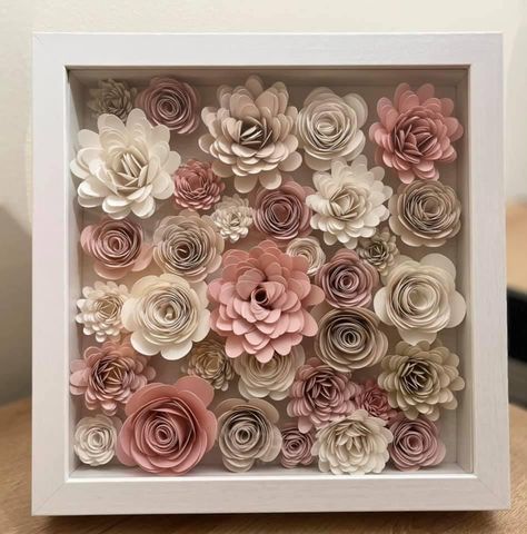 Shadowbox Ideas Diy Flower, Paper Flowers Shadow Box Ideas, Flower Shadow Box Ideas, Cricut Flower Shadow Boxes, Rose Shadow Box Diy, Shadow Box Flowers, Cricut Paper Flowers Shadow Boxes, Paper Rose Shadow Box Diy, Shadow Box Roses Cricut